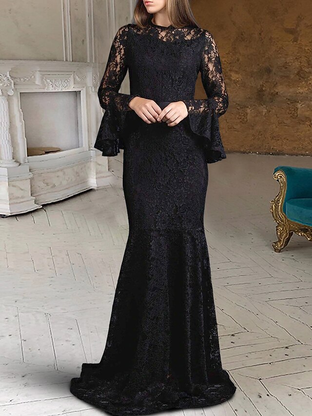  Black Wedding Dresses Party Formal Mermaid / Trumpet Scoop Neck Long Sleeve Sweep / Brush Train Lace Gothi Fall Halloween Bachelorette Bridal Gowns With Solid Color 2023