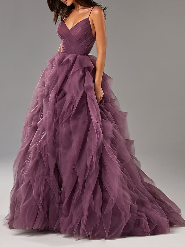  μπαλάκι φόρεμα πάρτι όμορφη πλάτη κομψό επίσημο βραδινό φόρεμα χορού v λαιμό αμάνικο σκούπισμα / πινέλο τρένο τούλι με βολάν καθαρό χρώμα 2022