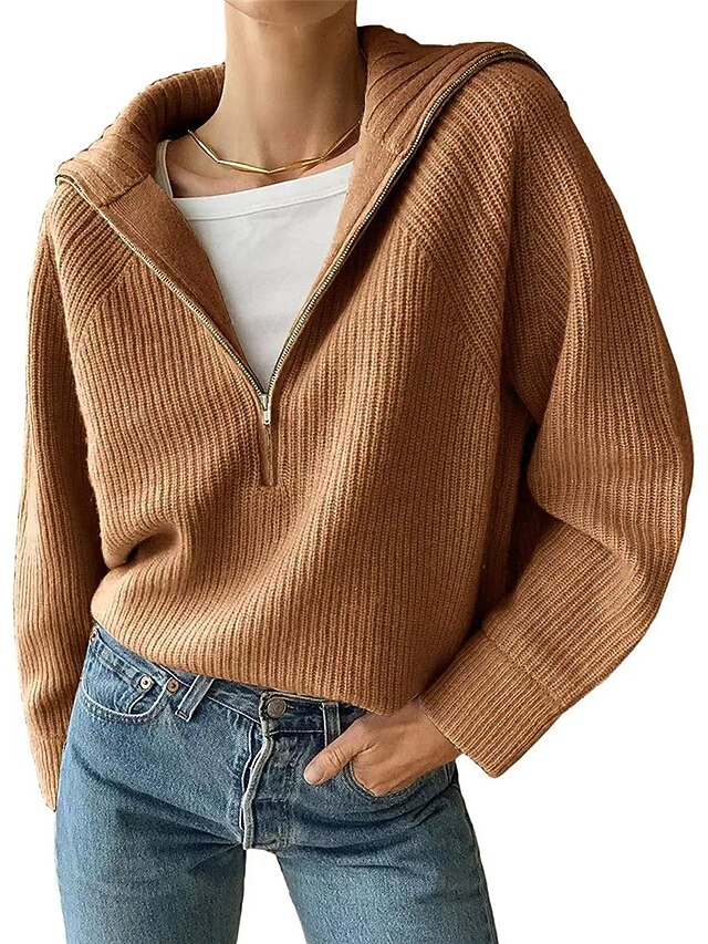 Women's Pullover Sweater Jumper Shirt Collar Ribbed Knit Cotton Zipper