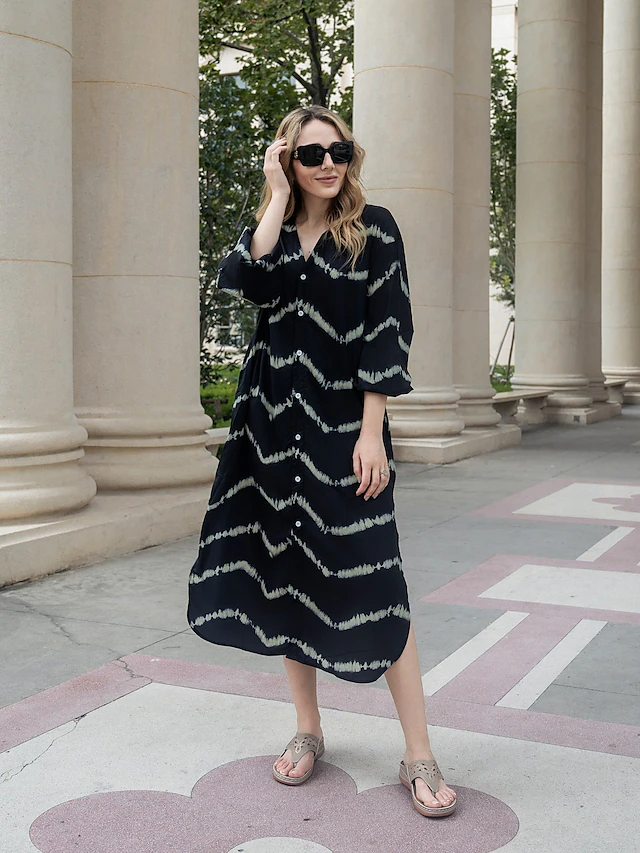 Women's Geometric Stripe Button Split V Neck Maxi long Dress Daily Vacation Long Sleeve Summer Spring 12