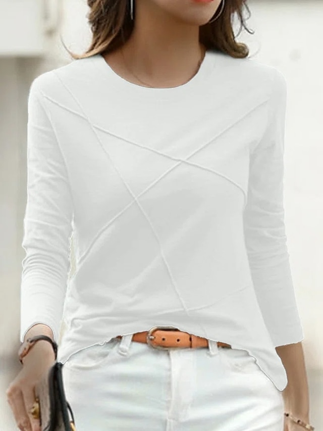  Per donna maglietta Cotone Liscio Giornaliero Fine settimana Bianco Manica lunga Essenziale Rotonda Primavera & Autunno