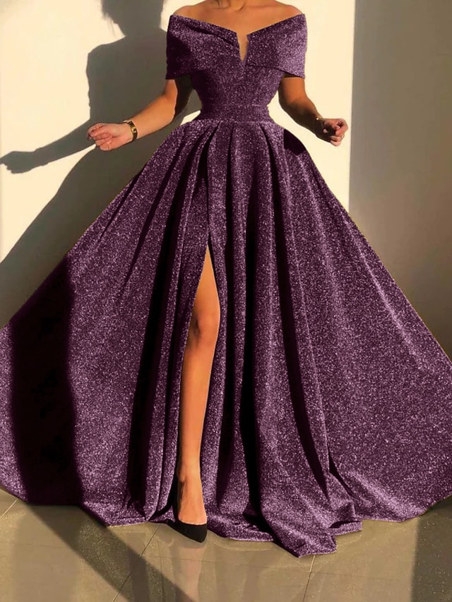 A-Line Evening Dress Elegant Dress Formal Sleeveless Off Shoulder Sequined with Glitter Sequin Y5789
