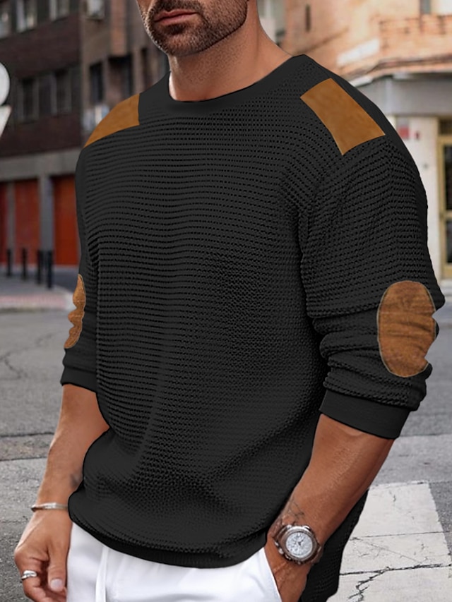  Men's Sweater Pullover Ribbed Waffle Knit Knitted Plain Crew Neck Keep Warm Modern Contemporary Daily Wear Going out Clothing Apparel Fall & Winter Black White S M L