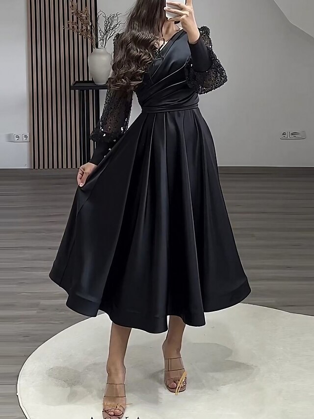 A-Line Evening Gown Elegant Dress Formal Christmas Floor Length Long Sleeve V Neck Satin with Rhinestone Ruched main image 1