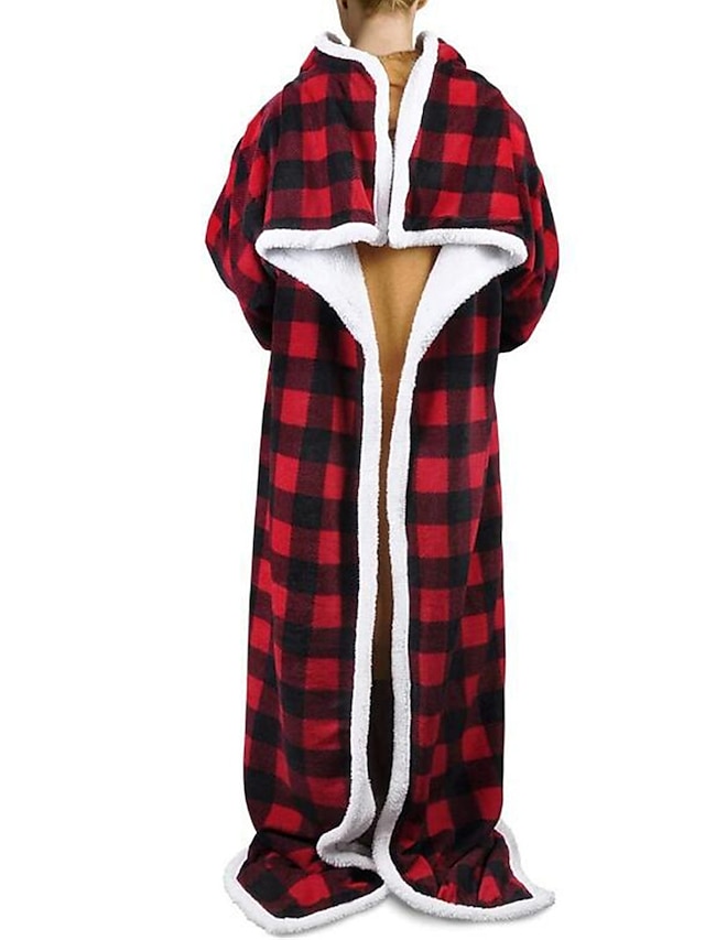  Women's Plaid Wearable Blanket Hoodie Blanket Pajama Loungewear Leopard Grid / Plaid Warm Plush Casual Home Daily Bed Flannel Warm Breathable Hoodie Long Sleeve Pocket Fall Winter Black Red Black
