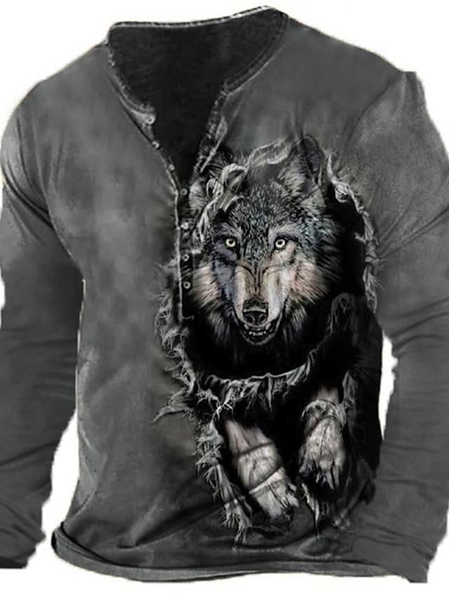  Graphic Wolf Fashion Daily Casual Men's 3D Print Henley Shirt Casual Holiday Going out T shirt Green Army Green Dark Blue Long Sleeve Henley Shirt Spring &  Fall Clothing Apparel S M L XL XXL 3XL 4XL