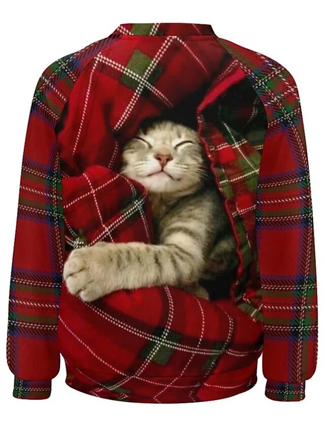 Women's Pullover Christmas Sweatshirt Plaid Cat Casual Sportswear