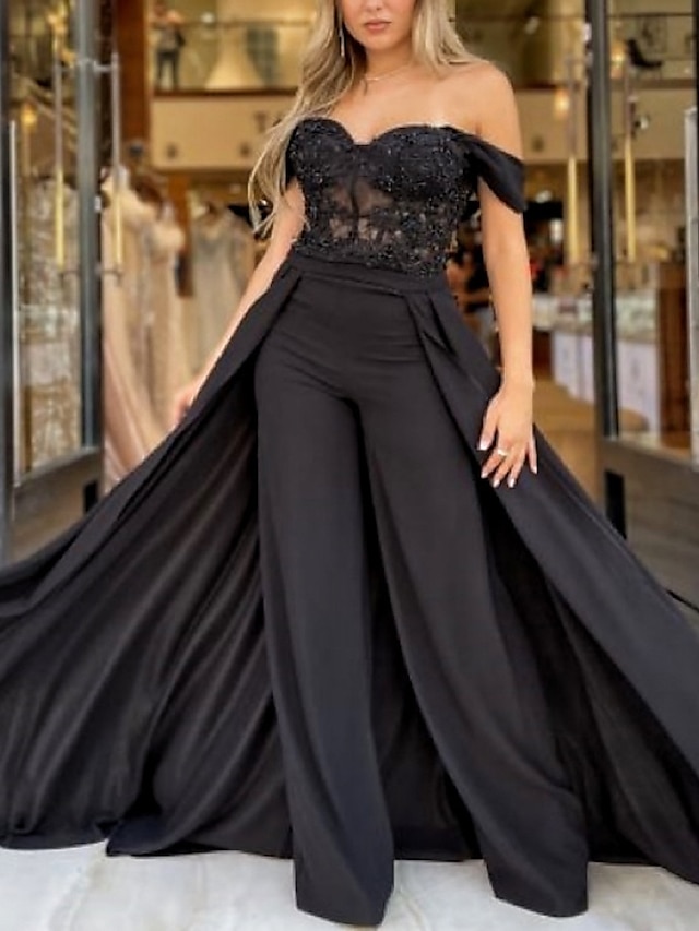  Jumpsuits Evening Gown Black Dress Elegant Dress Formal Floor Length Short Sleeve Off Shoulder Lace with Pleats Beading 2023