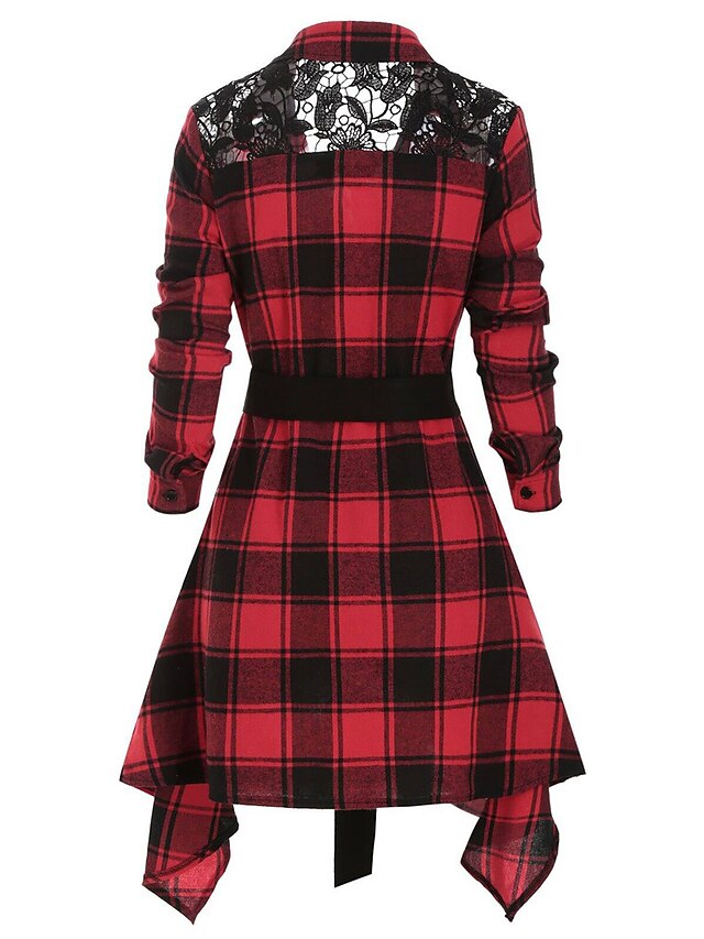  女性用 レースシャツ ブラウス シャケット チェック ファッション 長袖 シャツカラー ロングトップス カジュアル レース プリント 流れるチュニック ブラック ルビーレッド グリーン 春 & 秋