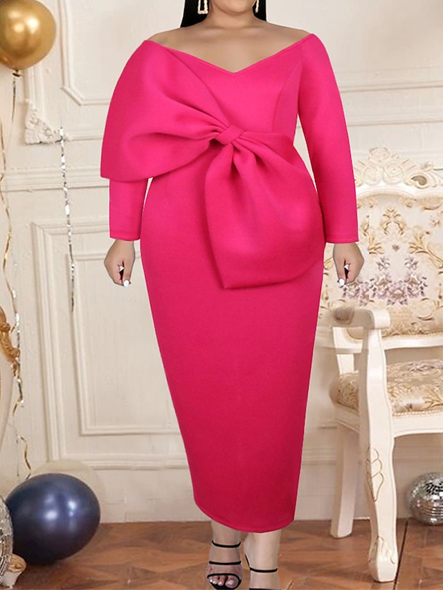  Жен. Большие размеры Изгиб Платье для вечеринки Облегающий силуэт Платье-футляр Полотняное плетение длинное платье платье макси Длинный рукав Бант V-образный вырез Мода Для вечеринок Пурпурный
