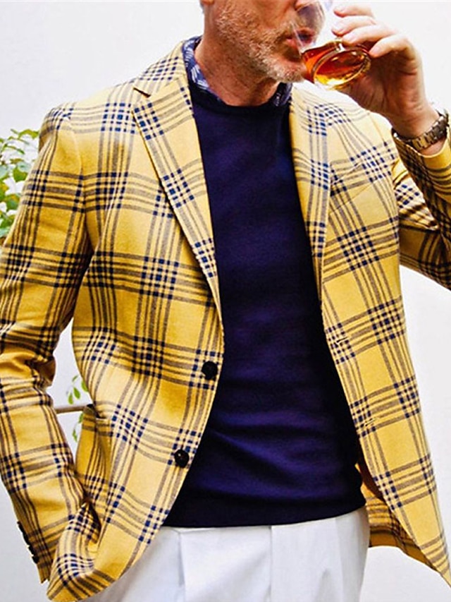  Men's Cocktail Attire Blazer Formal Evening Wedding Party Birthday Party Fashion Casual Spring &  Fall Polyester Plaid / Check Geometic Pocket Casual / Daily Single Breasted Blazer Yellow