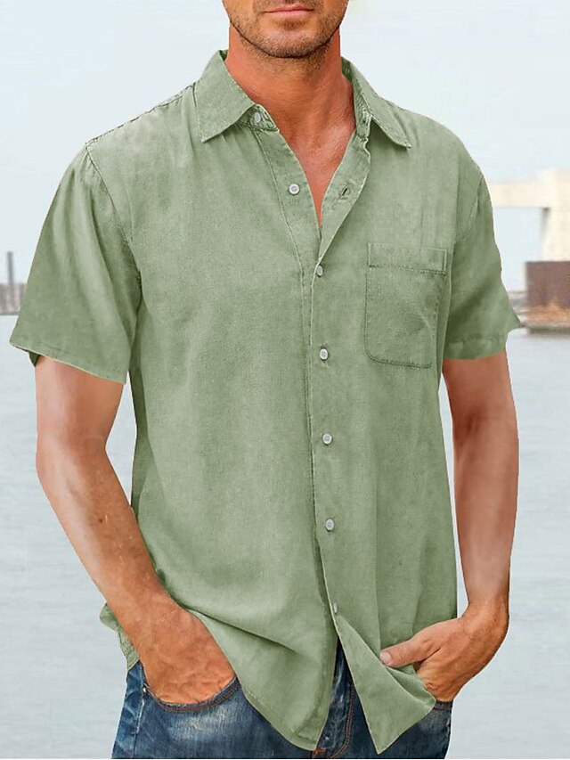  Voor heren Overhemd Zomer overhemd Normaal shirt Overhemd met knopen Zwart khaki Leger Groen Donkerblauw Korte mouw Effen Revers Vakantie Dagelijks Voorvak Kleding Polyester Modieus Casual Comfortabel