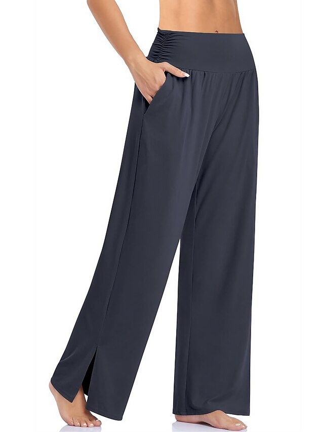 Women's Wide Leg Pants Trousers Mid Waist Full Length bean paste color ...