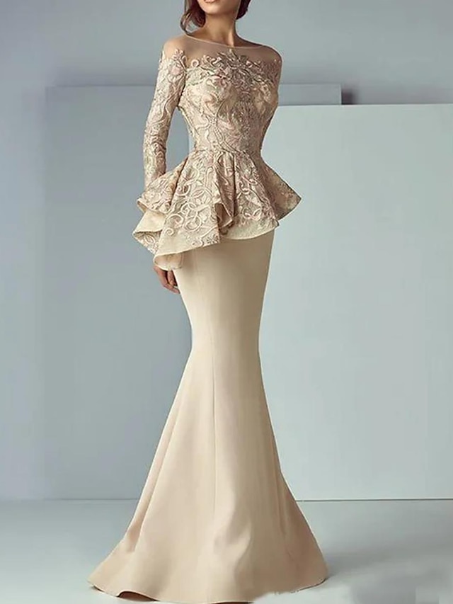  Mermaid / Trumpet Mother of the Bride Dress Formal Wedding Guest Elegant Scoop Neck Floor Length Lace Stretch Fabric Long Sleeve with Ruffles Appliques 2024