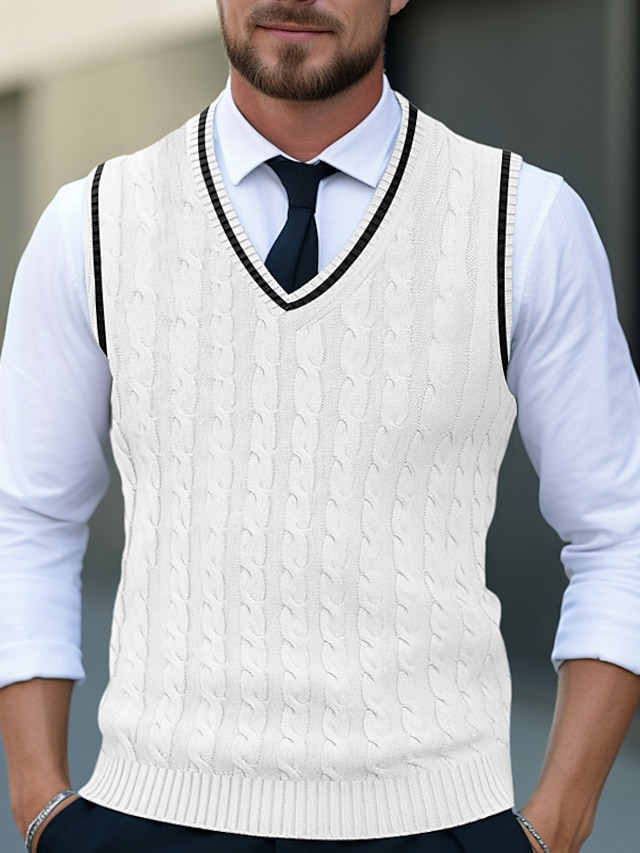  Men's Sweater Vest Pullover Sweater Jumper Cable Knit Regular Knit Plain V Neck Modern Contemporary Work Daily Wear Clothing Apparel Fall & Winter Black White S M