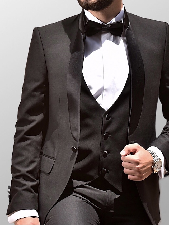 Black Men's Wedding Prom Tuxedos 3 Piece Shawl Collar Solid Colored ...