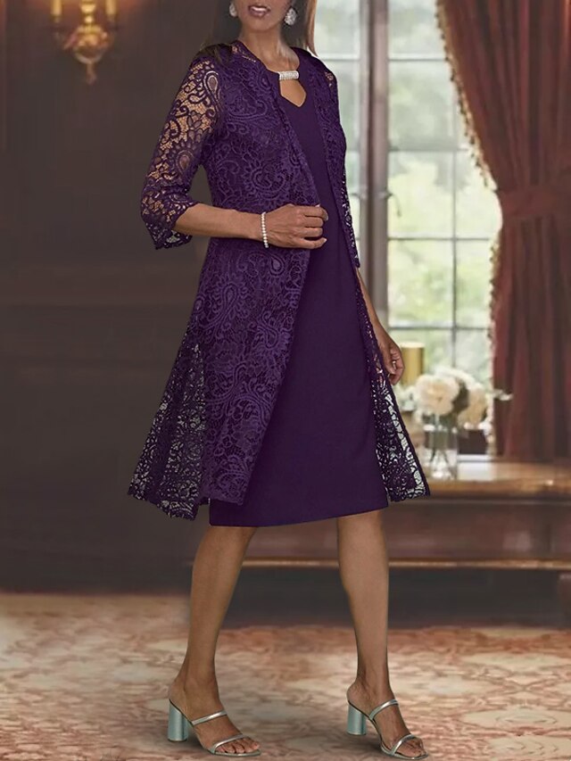 Two Piece Sheath / Column Mother of the Bride Dress Wedding Guest Elegant Square Neck Ankle Length Stretch Fabric Sleeveless Short Jacket Dresses with Buttons Pleats main image 0