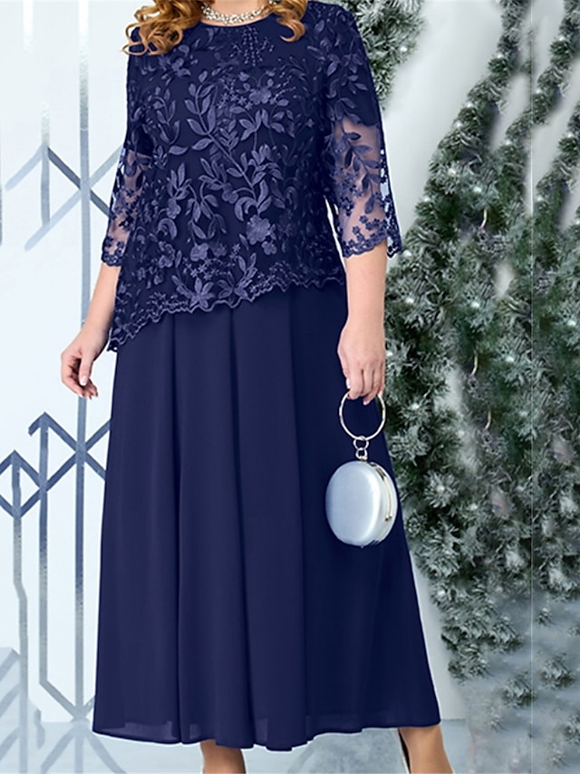  Women's Plus Size Lace Dress Party Dress Cocktail Dress Lace Patchwork Crew Neck 3/4 Length Sleeve Midi Dress Vacation Navy Blue Spring Winter