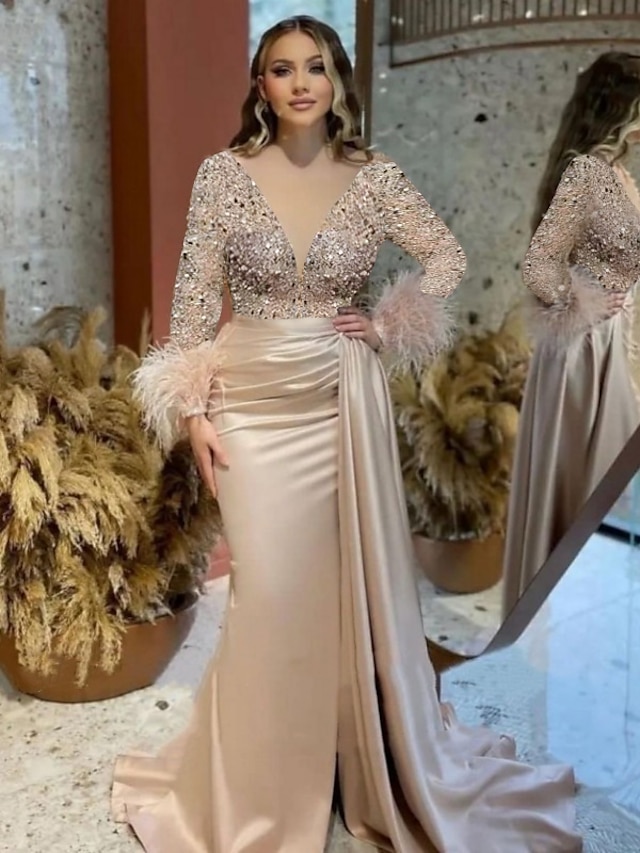  Mermaid / Trumpet Evening Gown Elegant Dress Formal Wedding Court Train Long Sleeve V Neck Satin with Feather Glitter Ruched 2024