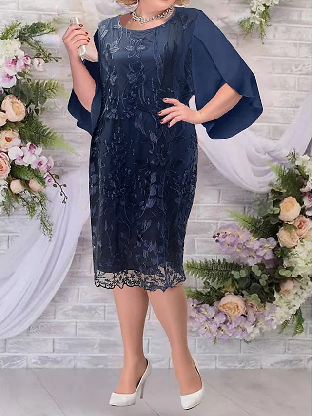  γυναικείο plus size curve φόρεμα πάρτι φόρεμα δαντέλα ημι επίσημο φόρεμα φλοράλ μίντι φόρεμα μισό μανίκι δαντέλα κεντημένο πλήρωμα λαιμόκοψη κομψό πάρτι βαθύ μπλε φθινοπωρινό χειμώνα