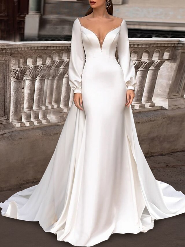  Reception Formal Wedding Dresses Two Piece Illusion Neck Scoop Neck Long Sleeve Sweep / Brush Train Satin Bridal Gowns With Solid Color 2023