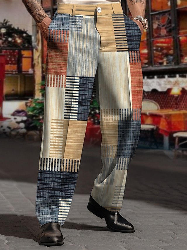  Plaid Géométrie Entreprise Homme Impression 3D Pantalon Extérieur Plein Air Travail Polyester Jaune Rouge Violet S M L Taille haute Élasticité Pantalon