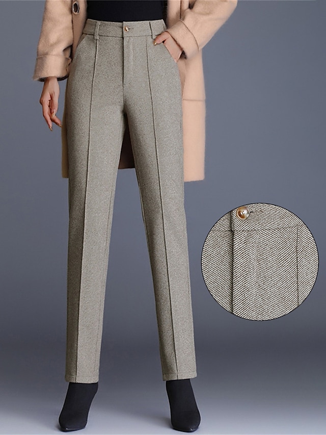  Women‘s Dress Pants Fleece Flannel Herringbone Pant Cropped  Ankle-Length Fashion Streetwear Office Career Black Khaki S M Fall Winter