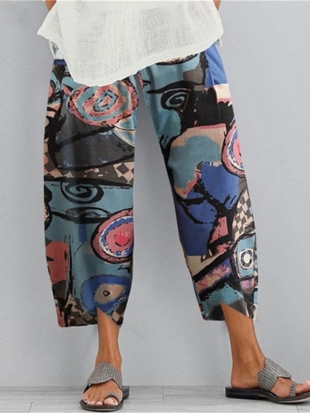  Women's Wide Leg Pants Trousers Cotton And Linen Pocket Print High Cut High Waist Ankle-Length Dark navy Fall & Winter