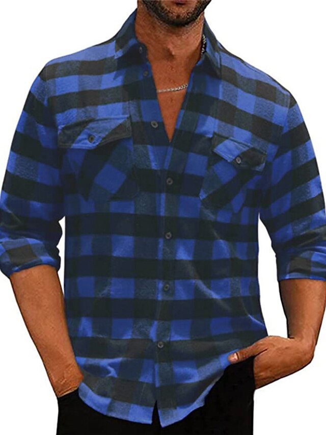  Per uomo Camicia Camicia di flanella Camicia a quadri Giacca camicia Giacca-camicia Quadri All'aperto Abbigliamento quotidiano Bianco Rosso Blu Manica Lunga Bavero Autunno & Inverno Abbigliamento