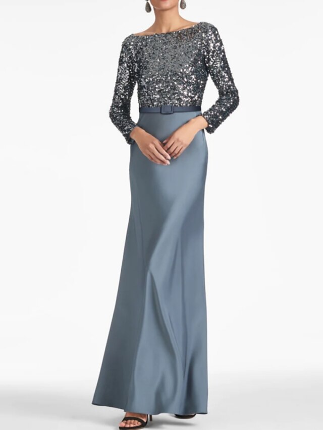  Sheath / Column Evening Gown Elegant Dress Formal Fall Ankle Length Long Sleeve Scoop Neck Belt / Sash Satin with Glitter Strappy 2023