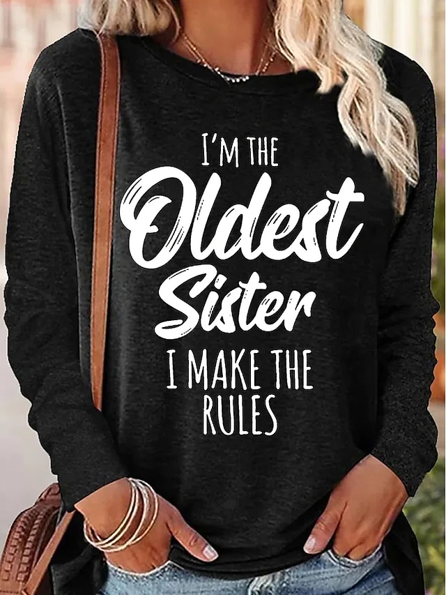  Damen T Shirt Buchstabe Familie Modisch Langarm Rundhalsausschnitt Normale Oberteile Täglich Wochenende Bedruckt Schwarz Rosa Blau Grün Frühling & Herbst Frühling, Herbst, Winter, Sommer