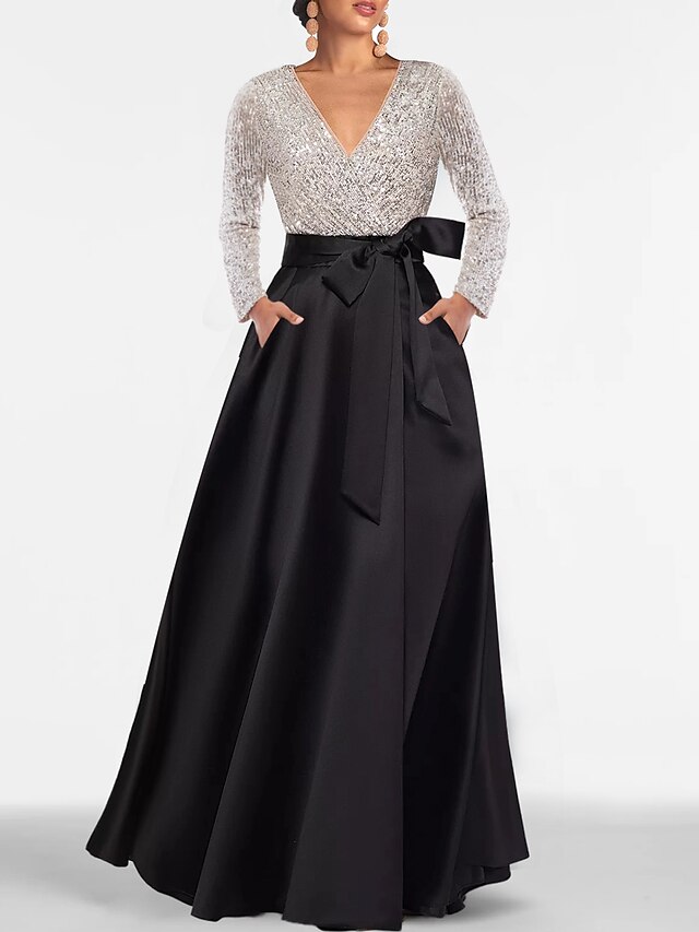 A-Line Evening Gown Elegant Dress Formal Floor Length Long Sleeve V ...