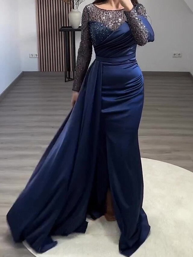 Plus Sequin Long Sleeve V-Neck Formal Dress, Satin Mermaid Train Evening Gown