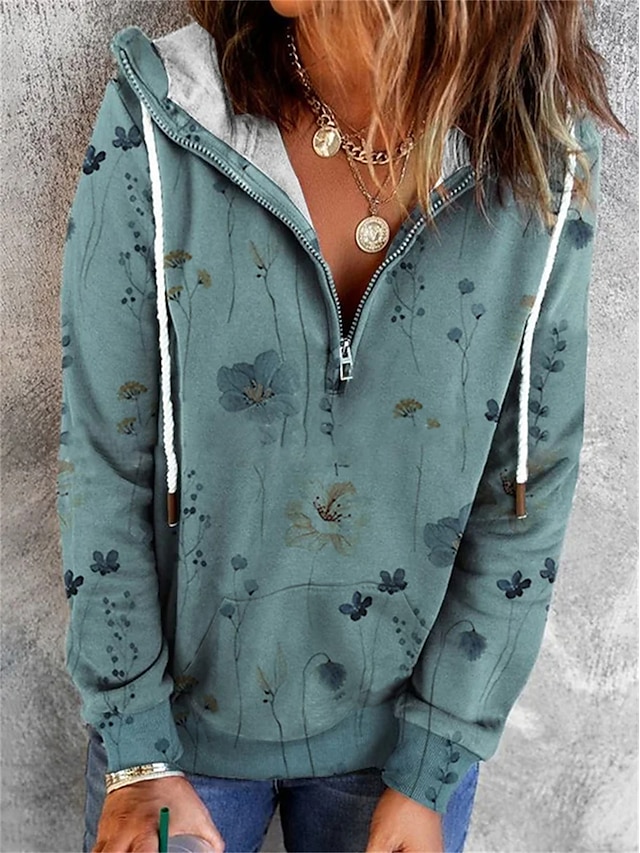  Sudadera con capucha y cremallera para mujer, sudadera con capucha, jersey con estampado floral, informal, de calle, con cremallera de un cuarto, sudadera básica vintage, top de manga larga,