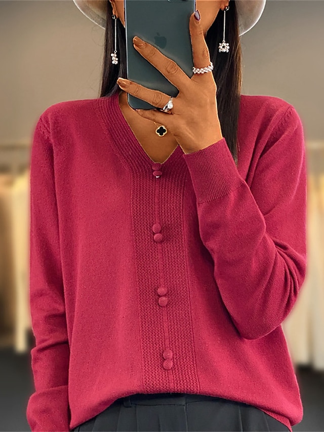  Women's Pullover Sweater Jumper V Neck Ribbed Knit Cotton Button Fall Winter Short Daily Going out Weekend Stylish Casual Soft Long Sleeve Solid Color Golden camel GH purple GH camel S M L