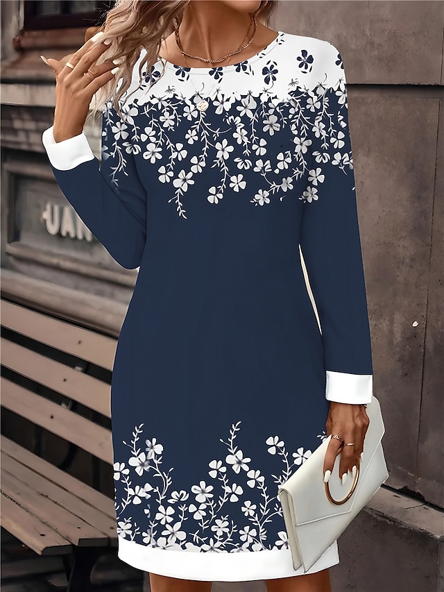  Dames Casual jurk Sweaterjurk Mini-jurk Actief Modieus Buiten Feestdagen Vakantie Strakke ronde hals Afdrukken Bloemig Ruim Passend Zwart Wijn Marineblauw S M L XL XXL