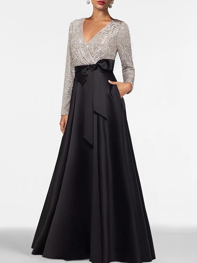  A-Linie Abendkleider Elegant Kleid Formal Boden-Länge Langarm V Ausschnitt Hochzeitsgast im Herbst Satin mit Paillette Tasche 2024