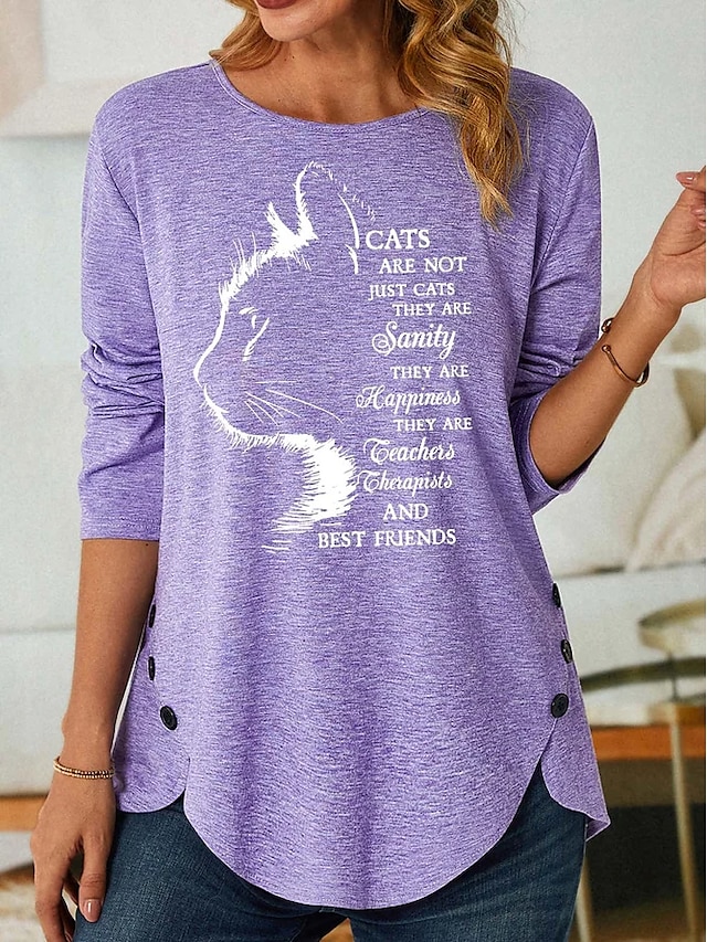 Women's T Shirt Fashion Cat Letter Print Long Sleeve Regular Tops Round Neck Daily Weekend Black Pink Purple Gray Spring & Fall 5