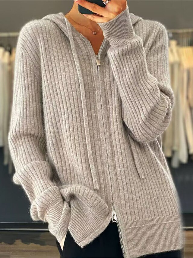  Femme Gilet Cardigan mode Décontractées Flexible Couleur unie A côtes Capuche Zippé manche longue Hauts réguliers Tricoter Extérieur du quotidien Sortie Noir Chameau Automne Hiver