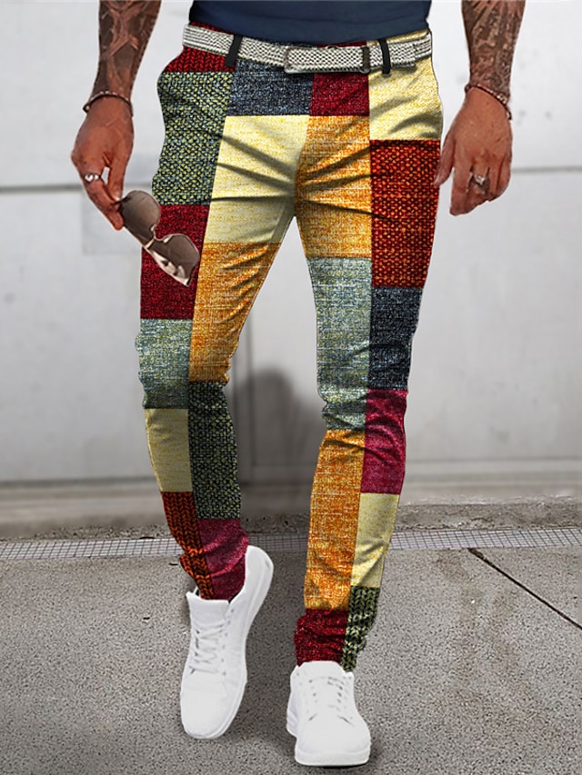  Plisat Geometrie Afacere Bărbați Imprimare 3D Pantaloni În aer liber Stradă Purtați-vă la muncă Poliester Galben Albastru Verde S M L Talie medie Elasticitate Pantaloni