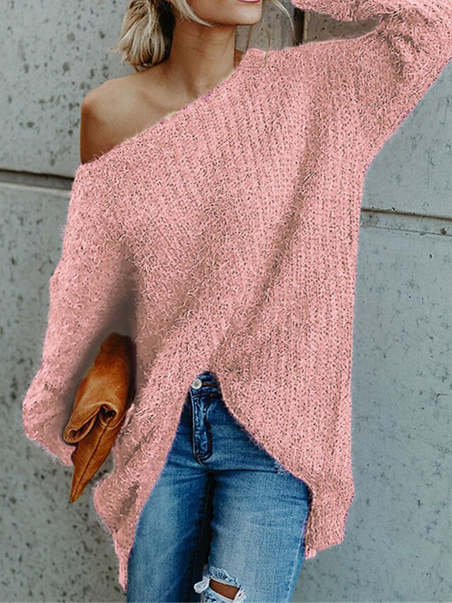 Women's Pullover Sweater Jumper Stylish Casual Soft Solid Color Ribbed One Shoulder Cold Shoulder Long Sleeve Short Knit Daily Going out Weekend Pink Navy Blue Fall Winter 12
