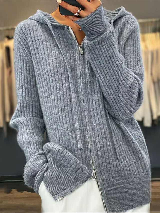  Women's Cardigan Sweater Hooded Ribbed Knit Knit Zipper Fall Winter Regular Outdoor Daily Going out Stylish Casual Soft Long Sleeve Solid Color Black Camel Beige One-Size