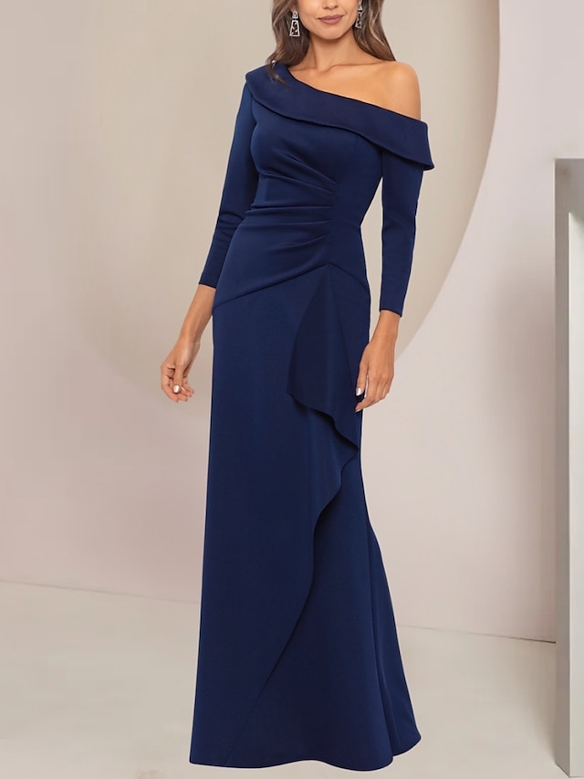  Robe mère de la mariée A-Line invitée de mariage élégante fête hors épaule longueur de sol tissu extensible manches longues avec volants fronces couleur unie taille sur mesure gratuite