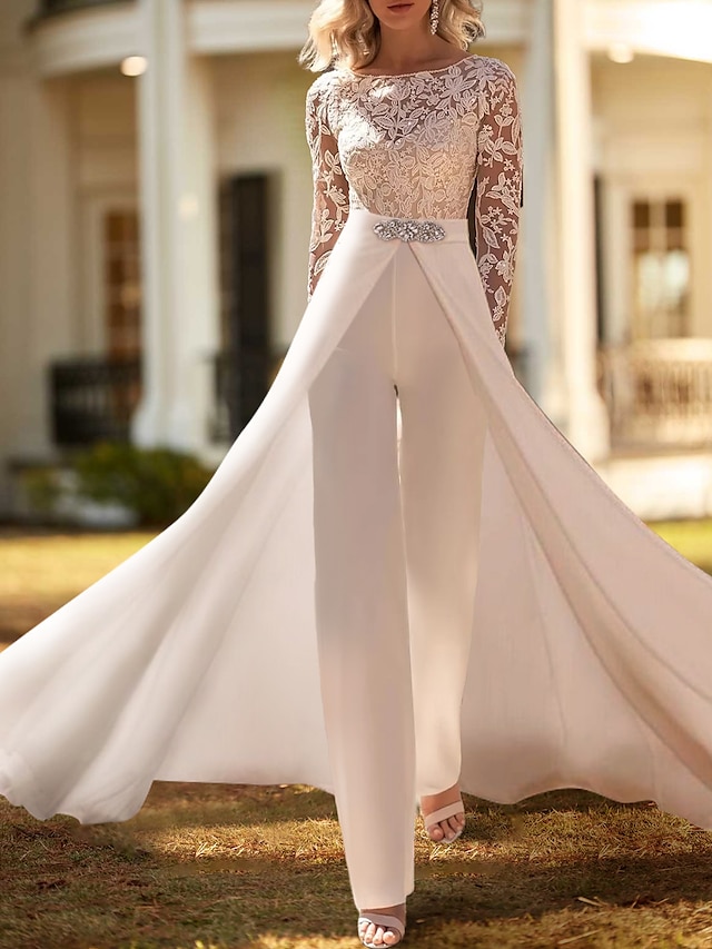 robes de mariée formelles simples deux pièces encolure dégagée manches longues longueur au sol robes de mariée en mousseline de soie avec appliques broche en cristal 2024