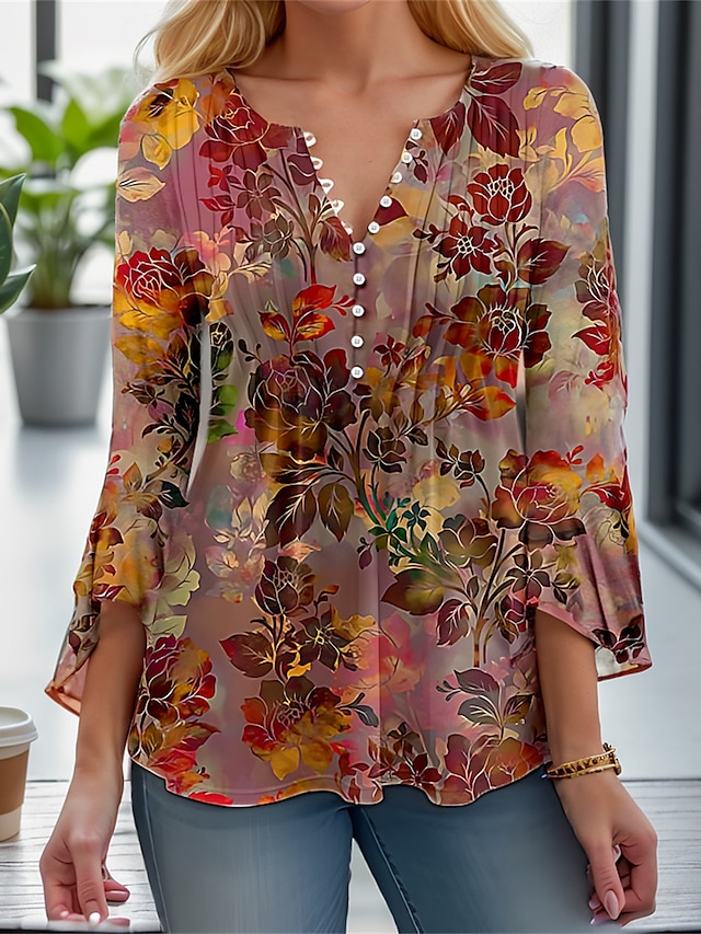  نسائي قميص قميص هينلي بلوزة ورد أزرار طباعة فضفاض مناسب للعطلات موضة 3/4 الكم رقبة دائرية أحمر ربيع & الصيف