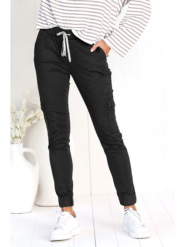 Women's Cargo Pants Skinny Pants Trousers Fashion Streetwear Full Length Mid Waist Plain Multiple Pockets Elastic Drawstring Design Comfort Breathability Soft Micro-elastic Vacation Street Daily 5