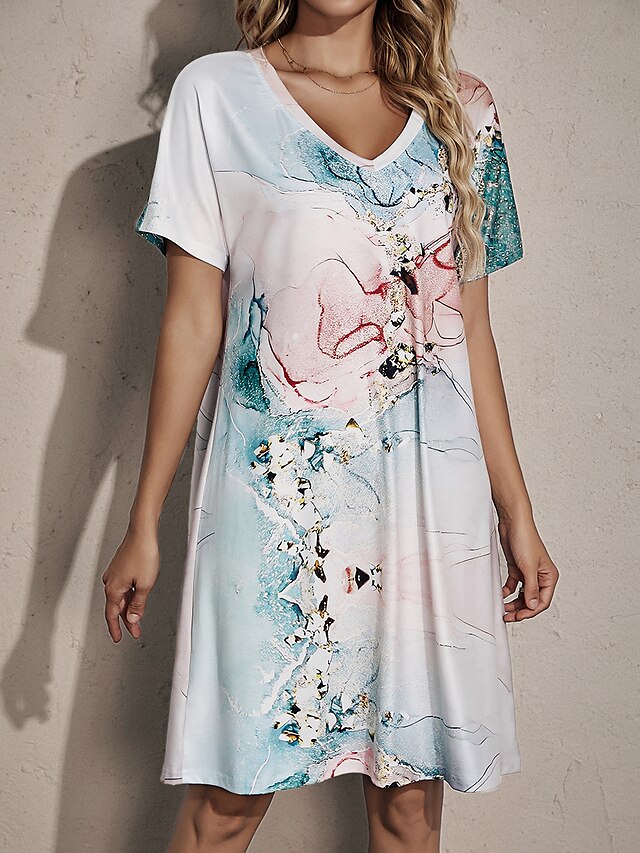Women's Casual Dress Summer Dress Ombre Marble Print Print V Neck Mini ...