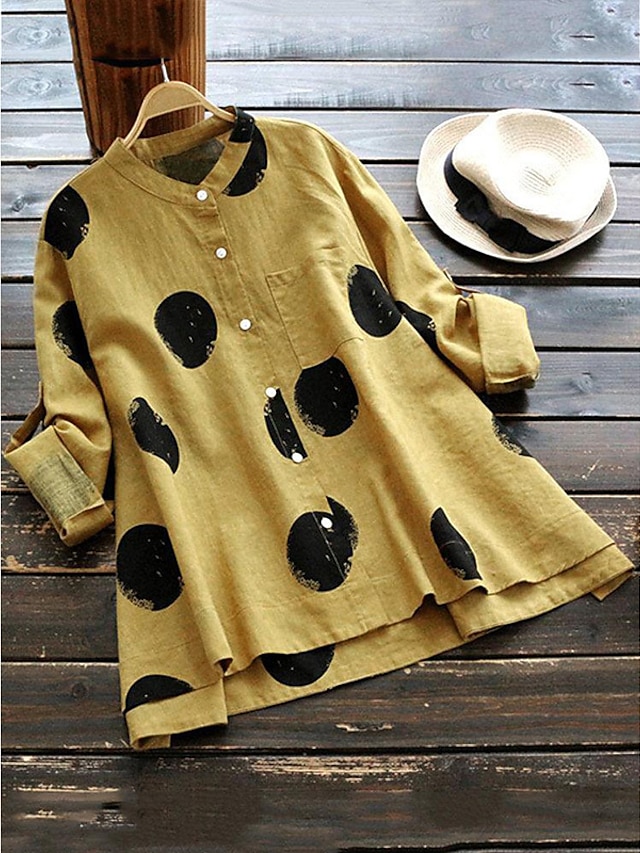  Women's Shirt Blouse Polka Dot Casual Button Pocket Print Yellow Long Sleeve Fashion Round Neck Spring &  Fall