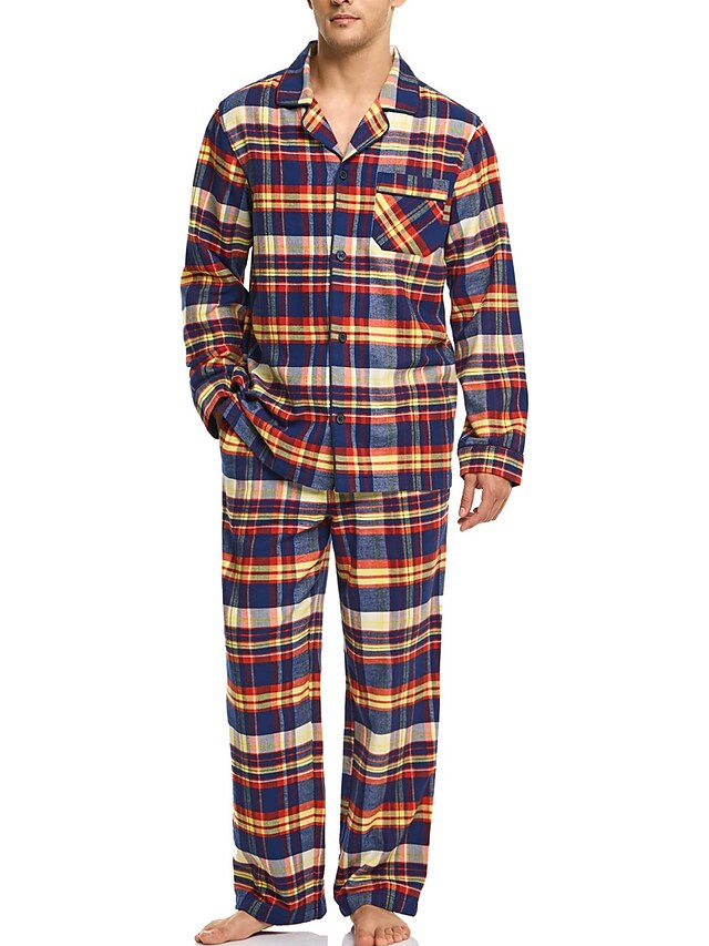  Homens Loungewear Roupa de Dormir Conjunto de Pijama Top e calça de pijama 2 Peças Xadrez à moda Casual Conforto Casa Diário Algodão Conforto Lapela Manga Longa Camisa Social Calça Com Cordão Cintura