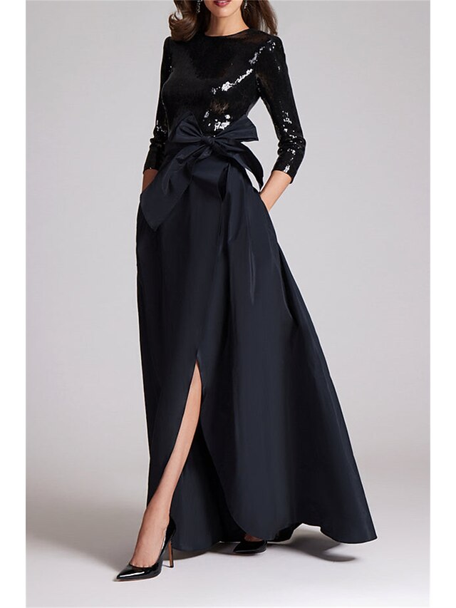 A-Line Mother of the Bride Dress Wedding Guest Elegant Sparkle & Shine High Neck Tea Length Satin Sequined Long Sleeve with Bow(s) main image 1
